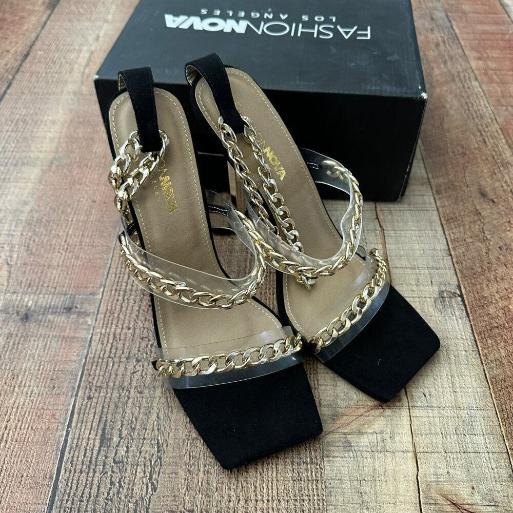 Fashion Nova Link Up With Me Heeled Sandal Dorado Black Size 8.5 - Picture 4 of 9